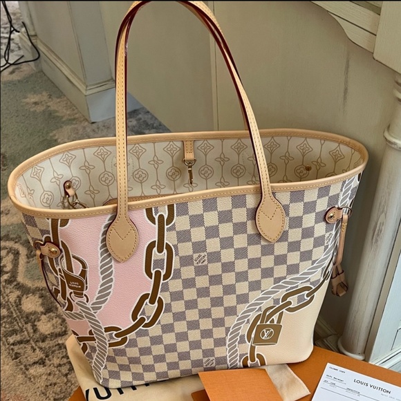 🌺⭐️ 2023 AUTHENTIC Pink Nautical  Damier Azure LV Neverfull w/Pouchette - Picture 1 of 17